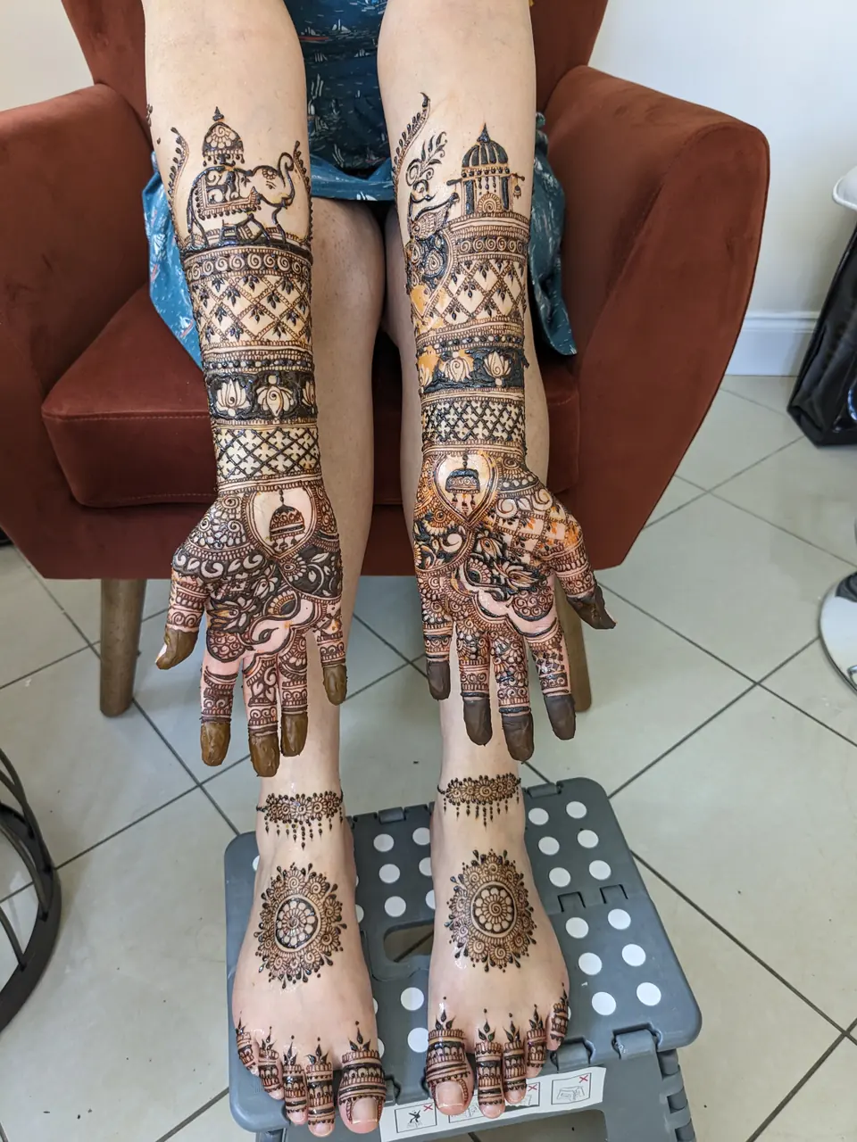 Bridal henna on arms and feet with elephant and palace motifs