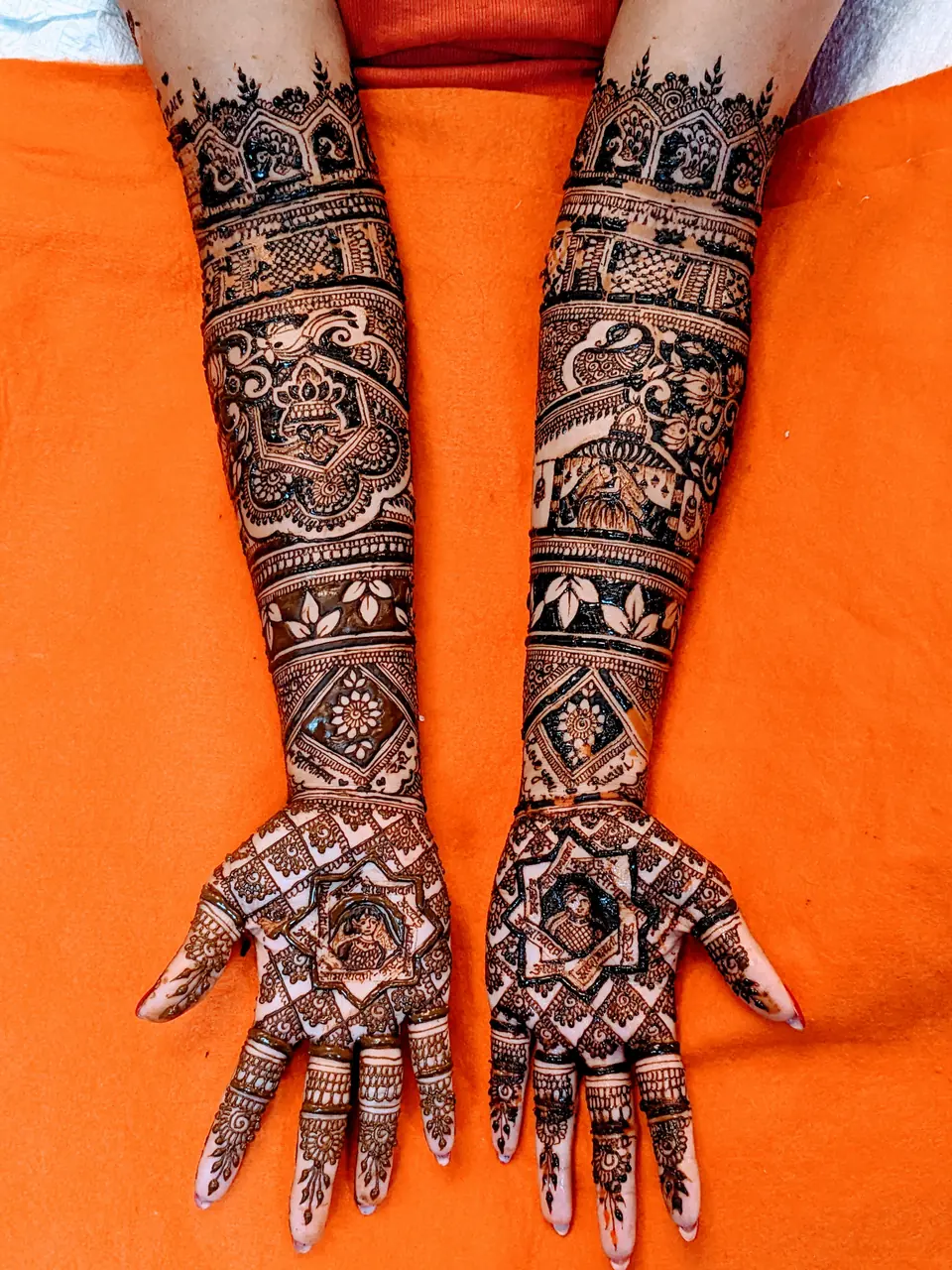 Dark bridal mehndi with storytelling figures and checkered borders