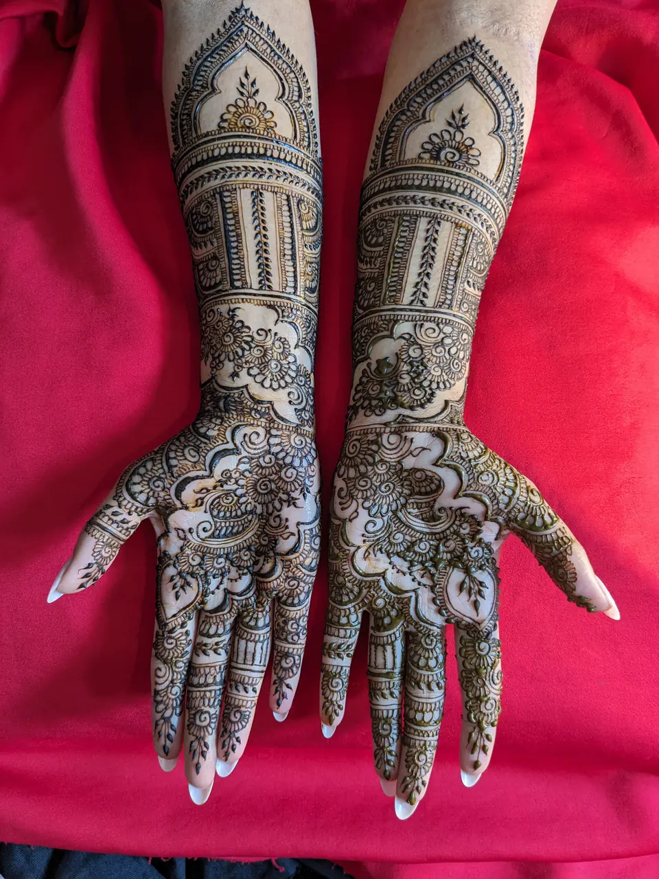 Full-arm bridal henna with temple arches and floral palms