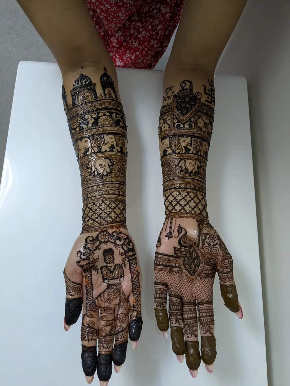 Storytelling bridal mehndi with deity and palace motifs